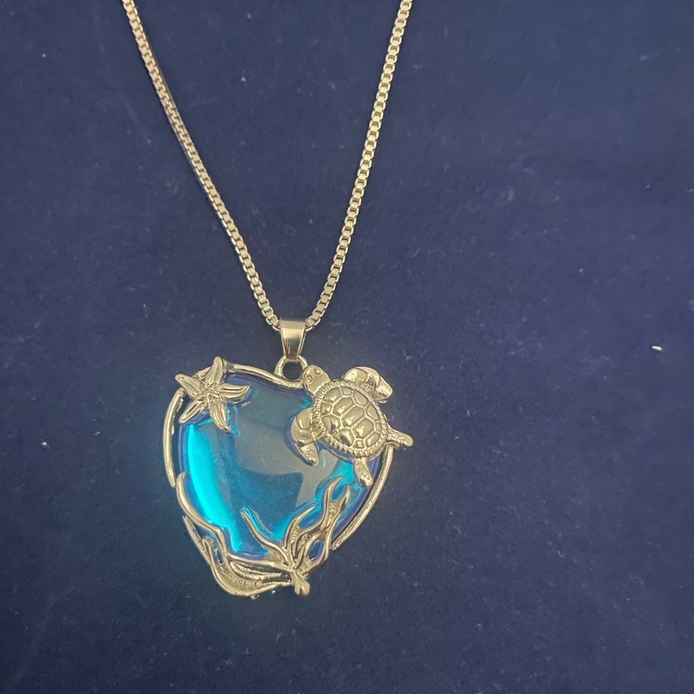 Blue Heart silver Necklace with Turtle Pendant